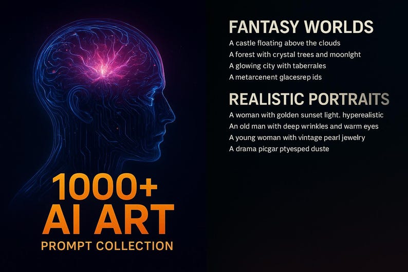 May include: Digital artwork showing a blue outline of a human head with a pink glowing brain. Text reads "1000+ AI ART PROMPT COLLECTION". Lists of fantasy and realistic art prompts are also included on a dark background.