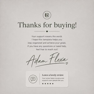 May include: A light beige digital print with the text "Thanks for buying!" in a bold, elegant font. The text is followed by a message of gratitude and a signature. A small box encourages a review.