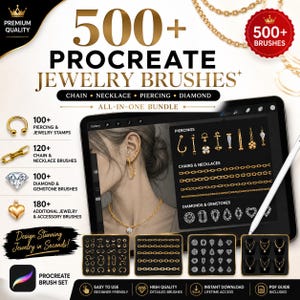 May include: A digital bundle of 500+ Procreate jewelry brushes featuring chains, necklaces, piercings, and diamonds. The display shows a tablet screen with a drawing interface, various jewelry stamp examples, and text labels for brush categories.