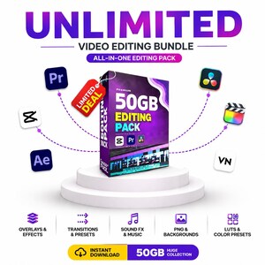 Könnte beinhalten: Werbebild für ein Videobearbeitungs-Bundle. Das Bild zeigt eine lila-schwarze Box mit der Aufschrift "50GB Editing Pack" und Software-Logos. Der Text enthält "Unlimited Video Editing Bundle" und "All-in-One Editing Pack". Symbole und Text beschreiben Funktionen wie Überlagerungen und Übergänge.