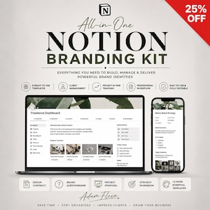 May include: A digital branding kit displayed on a laptop and smartphone. The kit includes templates, client management tools, project tracking, and a professional workflow. The text reads "All-in-One Notion Branding Kit" and "25% OFF".