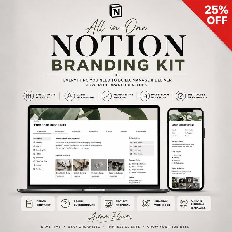 May include: A digital branding kit displayed on a laptop and smartphone. The kit includes templates, client management tools, project tracking, and a professional workflow. The text reads "All-in-One Notion Branding Kit" and "25% OFF".