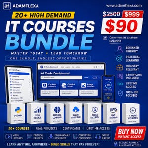 May include: A promotional graphic for an IT courses bundle. The image features a laptop, tablet, and smartphone displaying course content. The text highlights "20+ High Demand IT Courses Bundle" and a discounted price of $90.