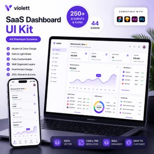 May include: A SaaS Dashboard UI Kit by violett, shown on a laptop and smartphone. The kit includes 44 screens, 250+ elements and icons, and features a modern design with dark and light modes. The laptop screen displays data visualizations.