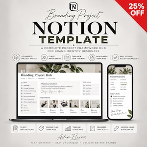 Könnte beinhalten: Eine digitale Notion-Vorlage für Branding-Projekte, dargestellt auf einem Laptop- und Smartphone-Bildschirm. Die Benutzeroberfläche zeigt einen Branding Project Hub mit Bereichen für Kundenmanagement, Aufgabenverfolgung und Projektphasen.