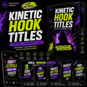 May include: An After Effects template for Kinetic Hook Titles featuring a black and purple color scheme with neon yellow text. The design includes a smartphone displaying vertical video typography, promotional text, and icons for social media.