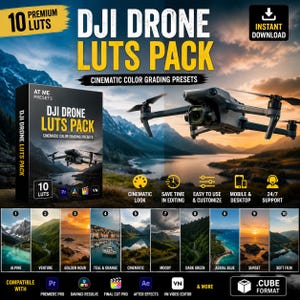 Peut inclure: Un pack de produits numériques intitulé DJI Drone LUTs Pack comprenant 10 préréglages de colorimétrie cinématographique. L'image présente un drone gris, une boîte de produit et dix vignettes illustrant divers effets de couleur pour le montage.