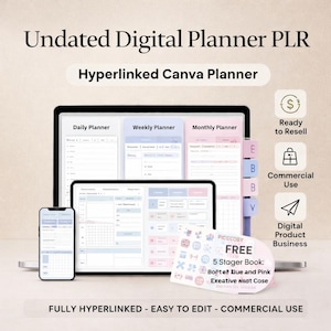 Könnte beinhalten: Ein digitaler Planer, der auf einem Laptop, Tablet und Smartphone angezeigt wird. Der Planer verfügt über tägliche, wöchentliche und monatliche Layouts in Blau- und Rosatönen. Der Text enthält "Undated Digital Planner PLR" und "Hyperlinked Canva Planner."