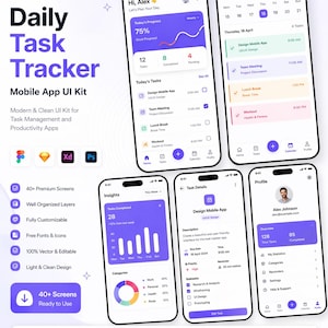 Puede incluir: Un kit de interfaz de usuario de aplicación móvil para la gestión de tareas, con un diseño limpio en morado y blanco. La aplicación muestra listas de tareas, gráficos de progreso y perfiles de usuario en pantallas de teléfonos inteligentes. Texto: "Daily Task Tracker".