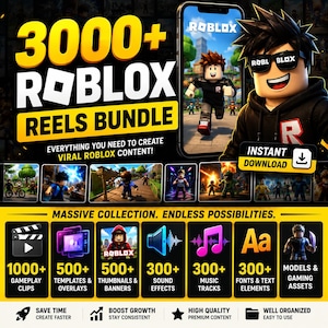 May include: A digital bundle advertisement featuring the text 3000+ ROBLOX REELS BUNDLE. The graphic displays a Roblox character wearing sunglasses, a smartphone showing game footage, and icons representing gameplay clips, templates, thumbnails, sound effects, music tracks, fonts, and gaming assets.