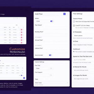 K&ouml;nnte beinhalten: Eine digitale Oberfl&auml;che mit dunkelviolettem Hintergrund zeigt mehrere wei&szlig;e Panels. Die Panels zeigen Einstellungen f&uuml;r die KI-Bilderzeugung, die Plananpassung und die Plandetails. Text enth&auml;lt "Einstellung", "Anpassen" und "Mitgliedschaftsplan".