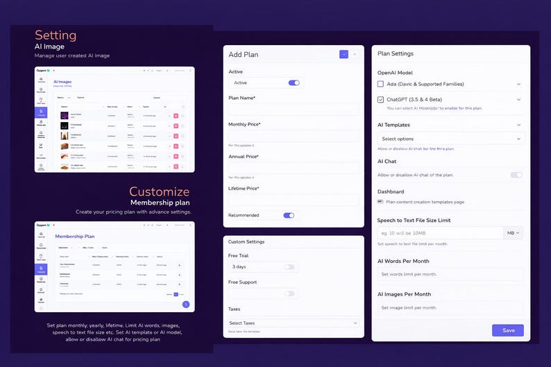 K&ouml;nnte beinhalten: Eine digitale Oberfl&auml;che mit dunkelviolettem Hintergrund zeigt mehrere wei&szlig;e Panels. Die Panels zeigen Einstellungen f&uuml;r die KI-Bilderzeugung, die Plananpassung und die Plandetails. Text enth&auml;lt "Einstellung", "Anpassen" und "Mitgliedschaftsplan".