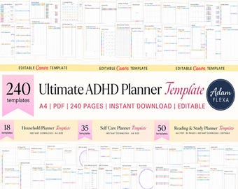 Ultimate ADHD Planner Bundle | 240+ Canva Editable Pages | Neurodivergent Planner, Wellness Tracker, Digital Planner Printable