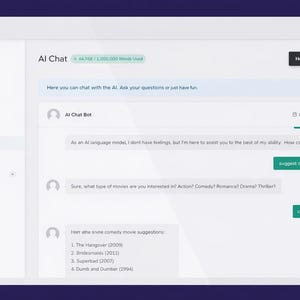 K&ouml;nnte beinhalten: Ein Screenshot einer KI-Chat-Oberfl&auml;che auf wei&szlig;em Hintergrund. Die Oberfl&auml;che enth&auml;lt Optionen wie "Mein Konto" und "KI-Chat". Das Chat-Fenster zeigt eine Konversation mit einem KI-Bot, der Filmvorschl&auml;ge macht.