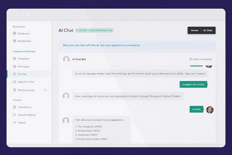 K&ouml;nnte beinhalten: Ein Screenshot einer KI-Chat-Oberfl&auml;che auf wei&szlig;em Hintergrund. Die Oberfl&auml;che enth&auml;lt Optionen wie "Mein Konto" und "KI-Chat". Das Chat-Fenster zeigt eine Konversation mit einem KI-Bot, der Filmvorschl&auml;ge macht.