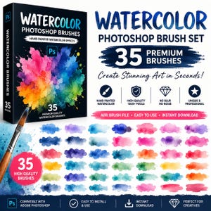 Puede incluir: Una caja de producto digital para un conjunto de 35 pinceles de acuarela para Photoshop. La caja presenta una vibrante salpicadura de acuarela arcoíris. Debajo, una cuadrícula muestra 35 trazos de pincel de acuarela distintos en varios colores, incluyendo azul, rosa, naranja y verde, junto a un pincel de madera.
