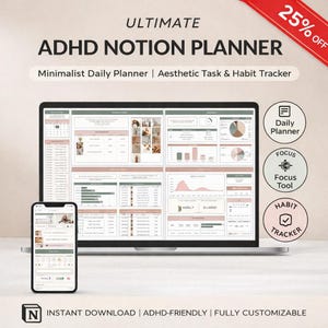 Ultimat ADHD-idémall | Minimalistisk daglig planerare och vanerapportering | Produktivitets- och fokusrutinsystem | Digital nedladdning