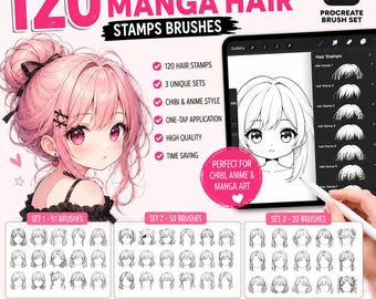120 Procreate Manga-Haarstempel | Anime-Chibi-Frisurenpinsel (Digitaler Download)