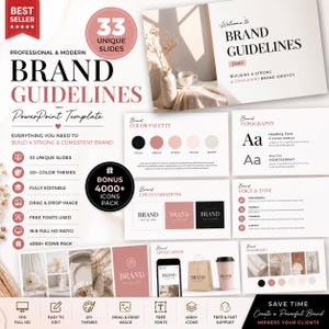 Op de afbeelding: Een PowerPoint-sjabloon voor merkrichtlijnen, met een modern ontwerp in roze en zwart. Het bevat 33 unieke dia's, 20+ kleurenthema's en een bonus van 4000+ pictogrammen. De sjabloon is volledig bewerkbaar met drag-and-drop-beeldfunctionaliteit.