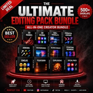 May include: The Ultimate Editing Pack Bundle, an all-in-one creator bundle, features various digital assets. Includes 3D hands, icons, overlays, animated arrows, backgrounds, blend images, emojis, film burn effects, explosions, and a social pack. Best seller.
