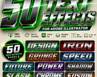 50 Editable 3D Text Effects Bundle | Illustrator AI, EPS, JPG Files