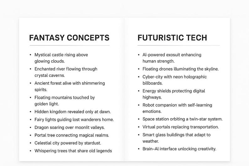 May include: A white graphic with two columns of bulleted lists. The left column is titled "FANTASY CONCEPTS" and lists fantastical ideas. The right column is titled "FUTURISTIC TECH" and lists futuristic technologies.