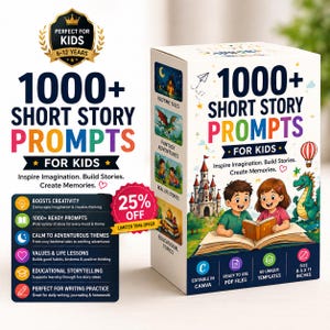 May include: A white box with "1000+ Short Story Prompts for Kids" displayed prominently. The box showcases illustrations of a castle, a dragon, and children reading. The text highlights features like ready-to-use PDF files, 60 unique templates, and a size of 21.6 x 27.9 cm.