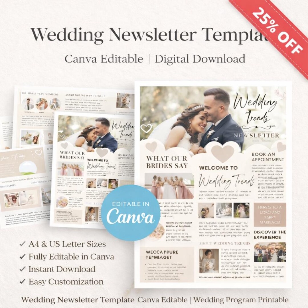 Wedding Newsletter Template Canva Editable, Wedding Program Printable ...