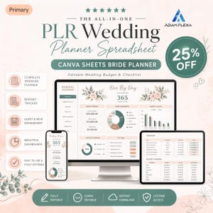 May include: A digital wedding planner spreadsheet displayed on a computer monitor, tablet, and smartphone. The design includes floral accents, charts, and the text "PLR Wedding Planner Spreadsheet." Features include budget tracking and guest management.