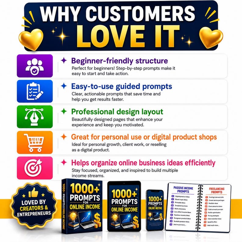 Peut inclure: Infographie avec le titre "WHY CUSTOMERS LOVE IT" avec des c&oelig;urs dor&eacute;s et des ic&ocirc;nes. Elle d&eacute;taille les avantages tels qu'une structure adapt&eacute;e aux d&eacute;butants, des invites faciles &agrave; utiliser et une conception professionnelle. L'image comprend un livre, une tablette et un t&eacute;l&eacute;phone avec le texte "1000+ PROMPTS FOR ONLINE INCOME."