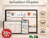 Project Management Spreadsheet Template, Google Sheets, Excel Planner, Gantt, Kanban