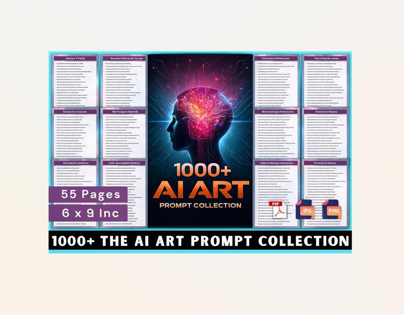 May include: A digital art prompt collection with the text "1000+ AI ART PROMPT COLLECTION". The image features a stylized brain graphic and the text "55 Pages" and "6 x 9 Inc" (approximately 15 x 23 cm). Includes PDF, JPG, and PNG file formats.