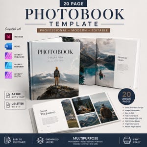 May include: A 20-page photobook template featuring a professional, modern, and editable design. The layout includes A4 size 8.27 inches by 11.69 inches and US Letter size 8.5 inches by 11 inches options, compatible with InDesign, Word, and Affinity.