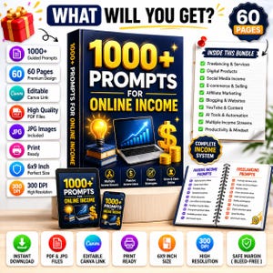 Peut inclure: Image promotionnelle pour "1000+ Prompts for Online Income". La couverture pr&eacute;sente un ordinateur portable, une ampoule et un symbole dollar. L'image comprend &eacute;galement une tablette et un t&eacute;l&eacute;phone avec la couverture du livre, ainsi que des ic&ocirc;nes pour Canva, PDF et impression. Contient 60 pages.