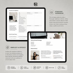 May include: Two digital tablets displaying a brand strategy workbook and a persona analysis template. The workbook includes text about defining a brand's identity. The template includes sections for ideal clients and competitors. The image also includes the text "Simplicity & Efficacy".