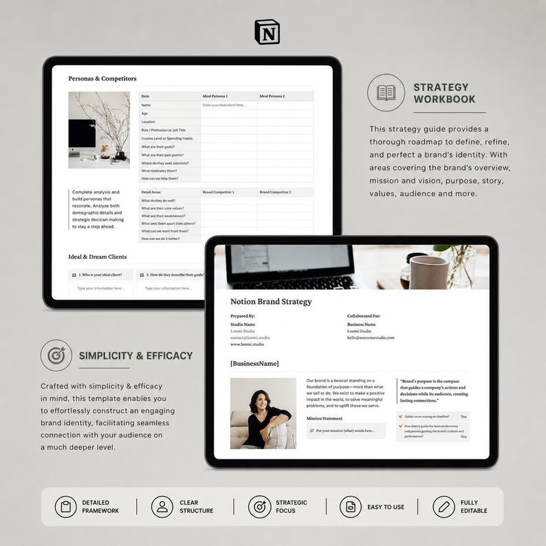 May include: Two digital tablets displaying a brand strategy workbook and a persona analysis template. The workbook includes text about defining a brand's identity. The template includes sections for ideal clients and competitors. The image also includes the text "Simplicity & Efficacy".