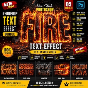 May include: Photoshop text effect bundle with a fiery theme. The word "FIRE" is displayed in a burning font, with additional text effects like "Blazing Inferno" and "Molten Lava". Includes 5 PSD files, is 100% editable, and offers instant download.