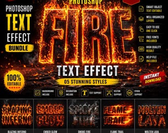 Photoshop Fire Text Effect Bundle | 5 Styles, PSD Mockup (Digital Download)