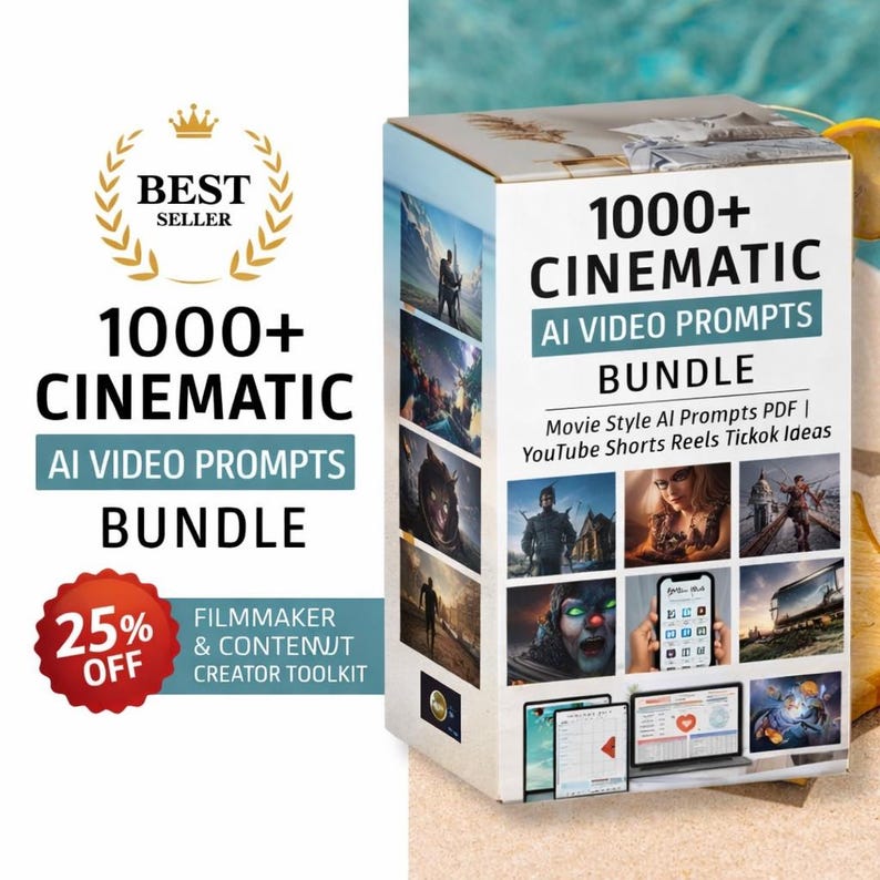 Op de afbeelding: Een productdoos met de tekst "1000+ Cinematic AI Video Prompts Bundle", een "Best Seller" badge en een "25% Off" sticker. De doos bevat afbeeldingen en tekst: "Movie Style AI Prompts PDF | YouTube Shorts Reels Ticktok Ideas."