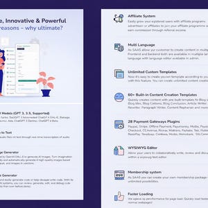 K&ouml;nnte beinhalten: Eine digitale Grafik mit dem Text &bdquo;Unique, Innovative & Powerful&ldquo;. Sie zeigt Illustrationen einer Person, die ein Telefon benutzt, eine Pflanze und Symbole f&uuml;r verschiedene Softwarefunktionen, darunter KI-Bilderzeugung und Zahlungsgateways.