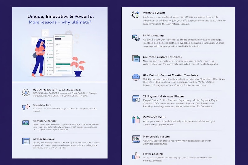 K&ouml;nnte beinhalten: Eine digitale Grafik mit dem Text &bdquo;Unique, Innovative & Powerful&ldquo;. Sie zeigt Illustrationen einer Person, die ein Telefon benutzt, eine Pflanze und Symbole f&uuml;r verschiedene Softwarefunktionen, darunter KI-Bilderzeugung und Zahlungsgateways.