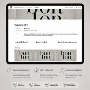 May include: A digital tablet displays a webpage titled "Typography." The page showcases font examples, including "bon ton" in various styles. The page also includes sections on brand typography, font hierarchy, and visual consistency.