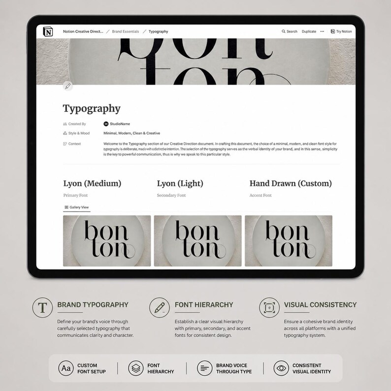 May include: A digital tablet displays a webpage titled "Typography." The page showcases font examples, including "bon ton" in various styles. The page also includes sections on brand typography, font hierarchy, and visual consistency.