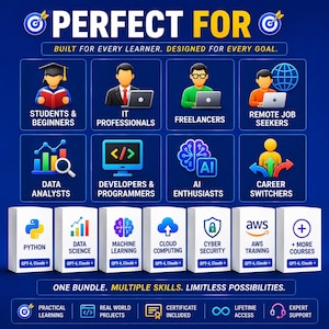 May include: A promotional graphic with the text "PERFECT FOR" and various icons representing different career paths and learning opportunities. The image includes icons for students, IT professionals, freelancers, and more, along with course topics like Python and AWS training.