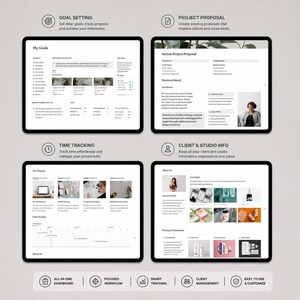 May include: Four digital tablets displaying a productivity dashboard, project proposal, time tracking, and client information. The tablets have white screens with text and images. The image includes the text "GOAL SETTING", "PROJECT PROPOSAL", "TIME TRACKING", and "CLIENT & STUDIO INFO".
