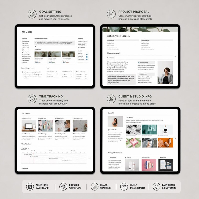 May include: Four digital tablets displaying a productivity dashboard, project proposal, time tracking, and client information. The tablets have white screens with text and images. The image includes the text "GOAL SETTING", "PROJECT PROPOSAL", "TIME TRACKING", and "CLIENT & STUDIO INFO".