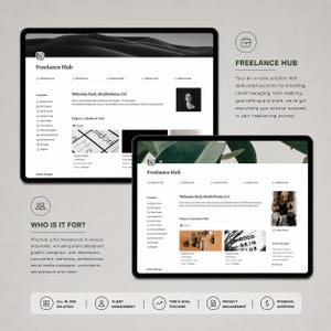 May include: Two tablets displaying the "Freelance Hub" website interface. The website features navigation options, project management tools, and client management sections. The text "Freelance Hub" is prominently displayed. The image also includes the text "Who is it for?"