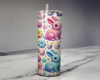 Easter Bunny Tumbler Set, Pink Blue Spring Cups, Matching Gift Set (Lid Straw Cleaner)