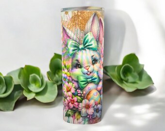 Easter Bunny Tumbler, Pastel Floral Spring Drinkware, Insulated Cup (Lid Straw Included)
