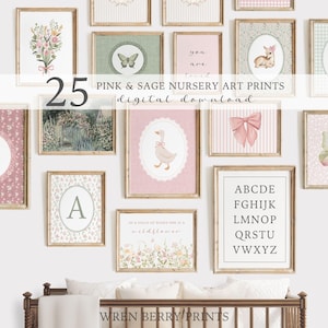 Pink & Sage Nursery Art Prints: Vintage Cottagecore Decor, Whimsical Baby Room, Girls Room Wall Art (Digital Download)